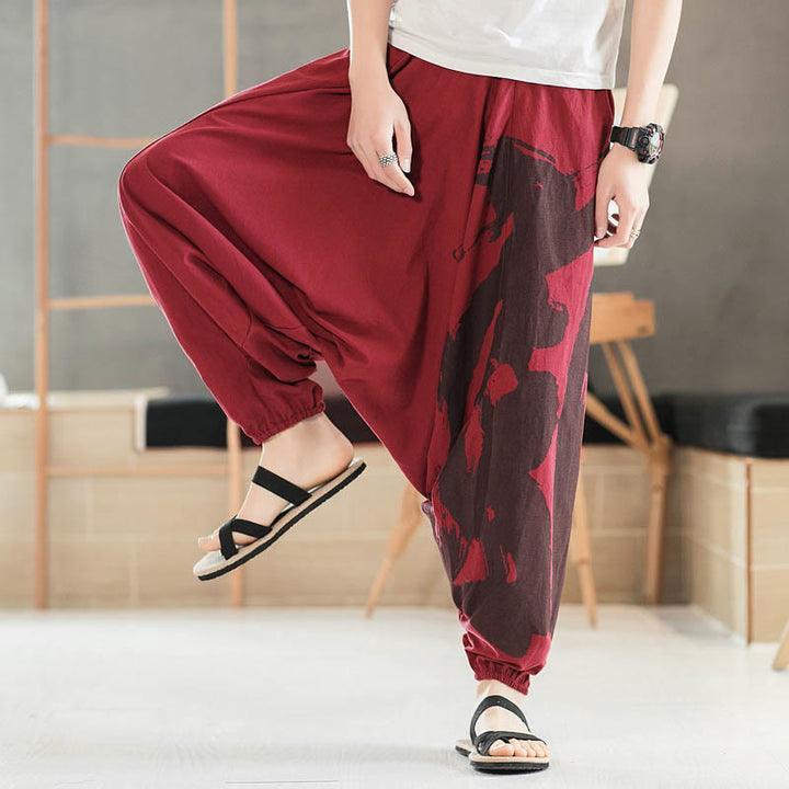 Buddha Stones Simple Summer Calligraphy Cotton Men's Harem Pants With Pockets - Crimson - US/UK/AU46，EU56 (5XL) - image 14