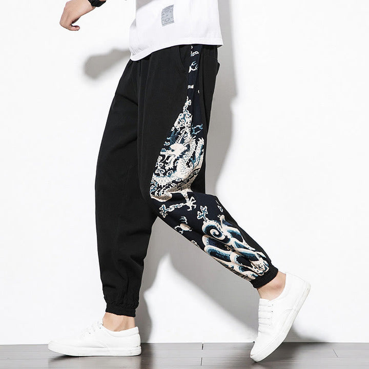 Buddha Stones Summer Dragon Waves Cotton Men's Pants With Pockets - Black - US/UK/AU46，EU56 (5XL)  - image 9
