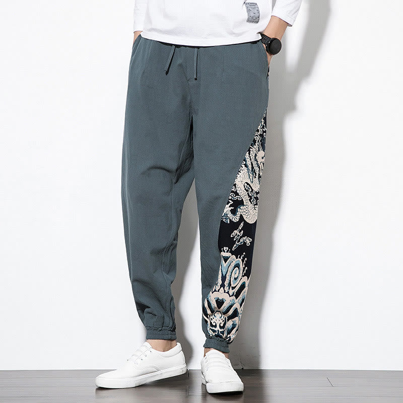 Buddha Stones Summer Dragon Waves Cotton Men's Pants With Pockets