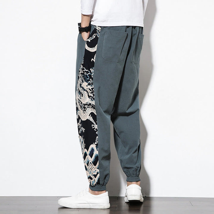 Buddha Stones Summer Dragon Waves Cotton Men's Pants With Pockets - image 3