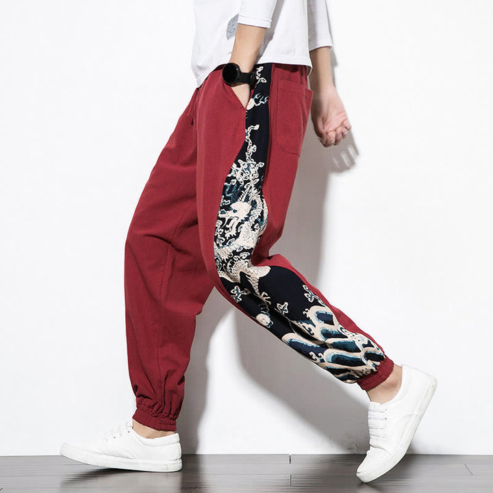 Buddha Stones Summer Dragon Waves Cotton Men's Pants With Pockets - Red - US/UK/AU46，EU56 (5XL)  - image 20