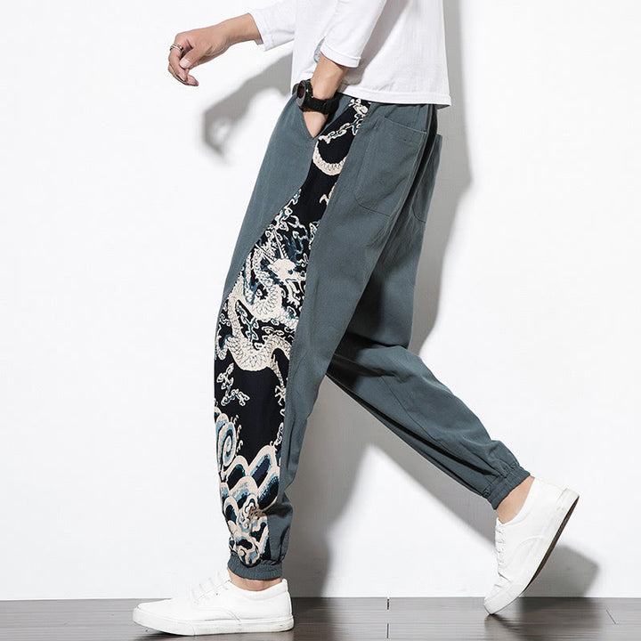Buddha Stones Summer Dragon Waves Cotton Men's Pants With Pockets - image 6