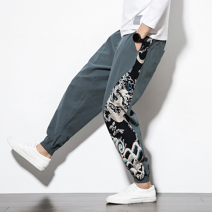 Buddha Stones Summer Dragon Waves Cotton Men's Pants With Pockets - image 8