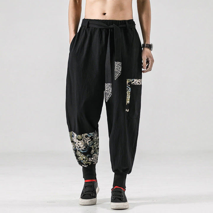Buddha Stones Ocean Waves Lace-up Cotton Men's Harem Pants With Pockets - image 10