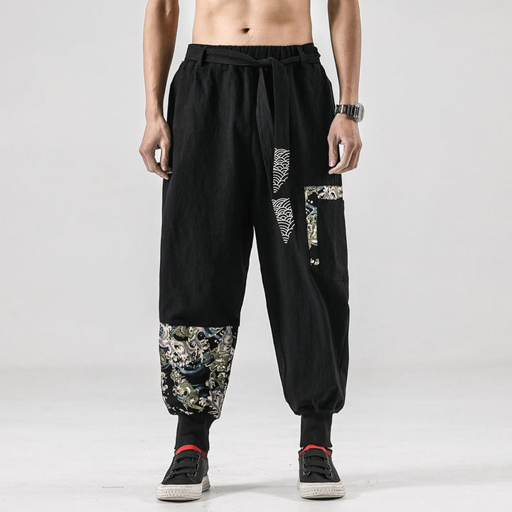 Buddha Stones Ocean Waves Lace-up Cotton Men's Harem Pants With Pockets - Black - US/UK/AU46，EU56 (5XL)  - image 0