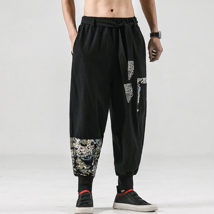 Buddha Stones Ocean Waves Lace-up Cotton Men's Harem Pants With Pockets - image 9