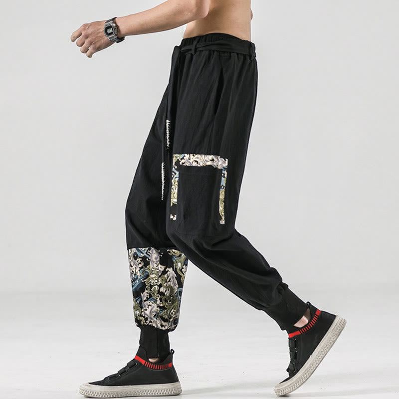 Buddha Stones Ocean Waves Lace-up Cotton Men's Harem Pants With Pockets - image 8