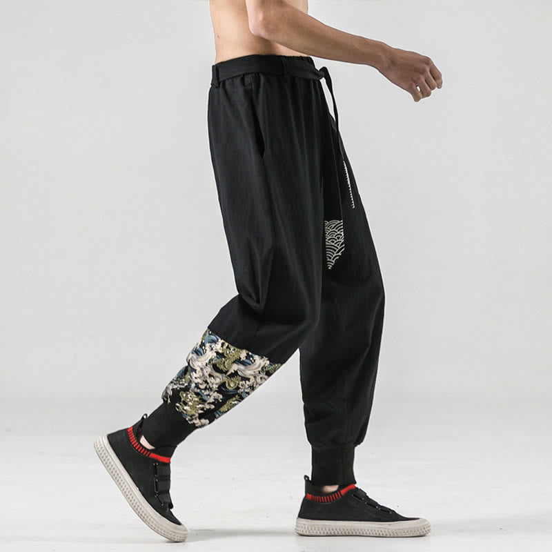 Buddha Stones Ocean Waves Lace-up Cotton Men's Harem Pants With Pockets - image 7