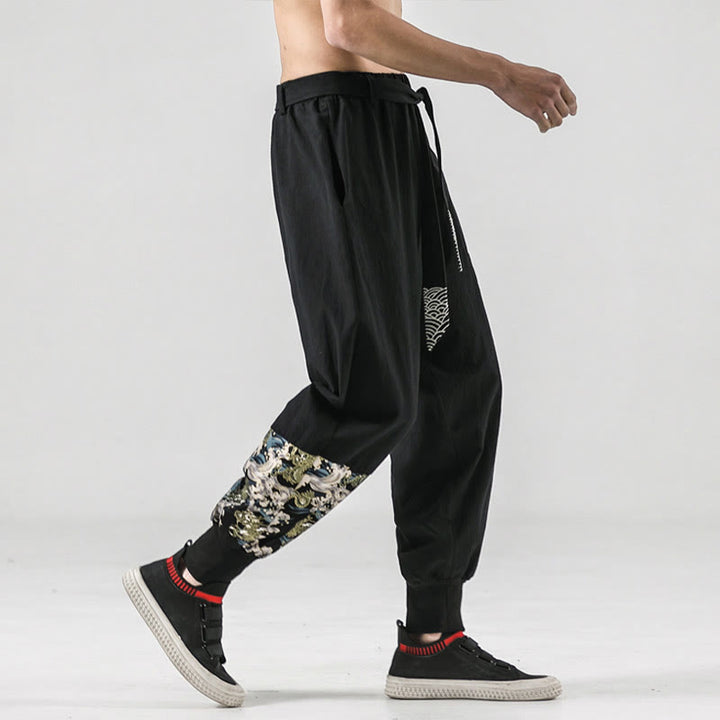 Buddha Stones Ocean Waves Lace-up Cotton Men's Harem Pants With Pockets - image 7