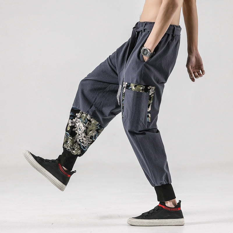 Buddha Stones Ocean Waves Lace-up Cotton Men's Harem Pants With Pockets - image 30
