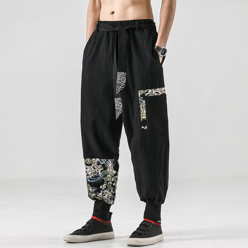 Buddha Stones Ocean Waves Lace-up Cotton Men's Harem Pants With Pockets - image 4