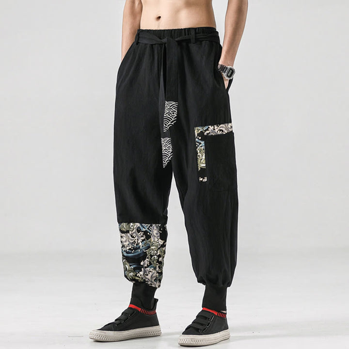 Buddha Stones Ocean Waves Lace-up Cotton Men's Harem Pants With Pockets - image 5