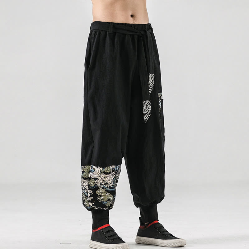 Buddha Stones Ocean Waves Lace-up Cotton Men's Harem Pants With Pockets - image 2