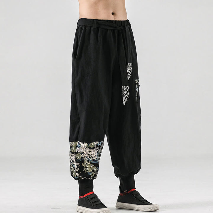 Buddha Stones Ocean Waves Lace-up Cotton Men's Harem Pants With Pockets - image 2