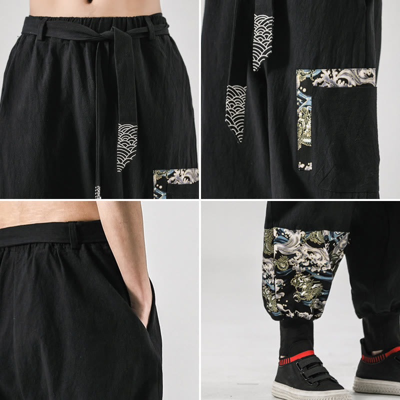 Buddha Stones Ocean Waves Lace-up Cotton Men's Harem Pants With Pockets - image 6