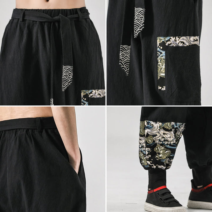 Buddha Stones Ocean Waves Lace-up Cotton Men's Harem Pants With Pockets - image 6
