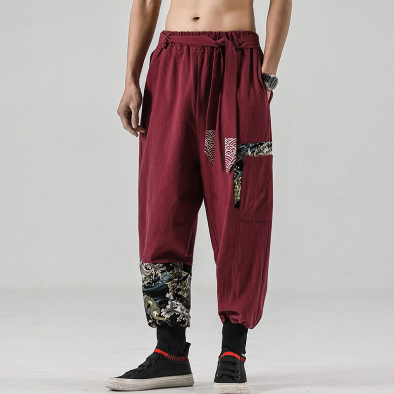 Buddha Stones Ocean Waves Lace-up Cotton Men's Harem Pants With Pockets - image 20