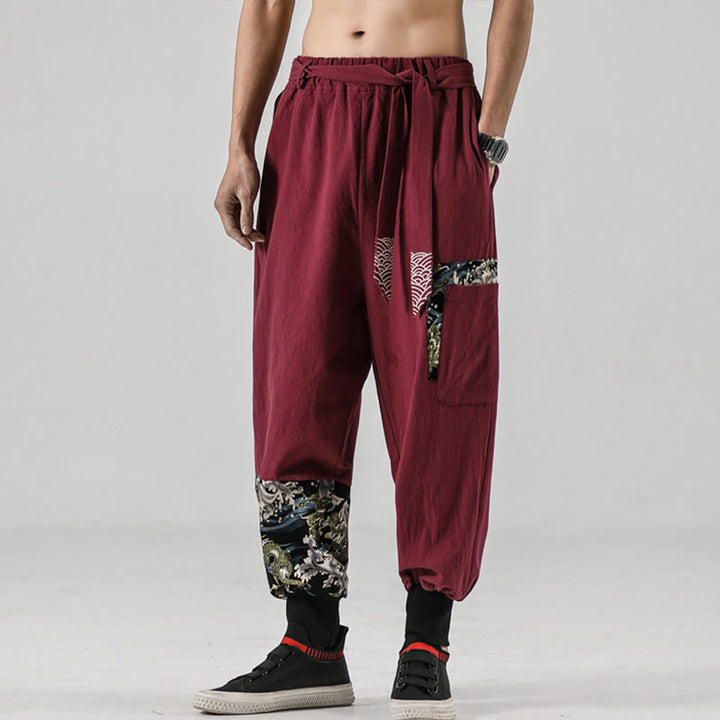 Buddha Stones Ocean Waves Lace-up Cotton Men's Harem Pants With Pockets - image 20