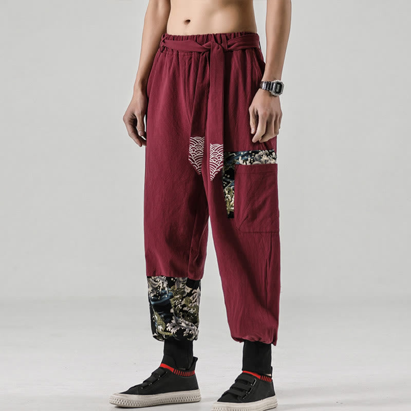 Buddha Stones Ocean Waves Lace-up Cotton Men's Harem Pants With Pockets - image 22