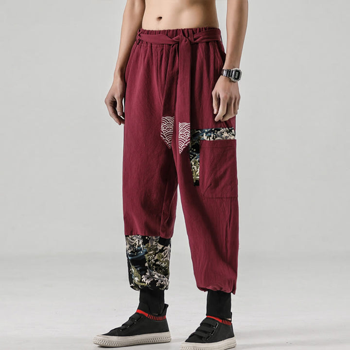 Buddha Stones Ocean Waves Lace-up Cotton Men's Harem Pants With Pockets - image 22