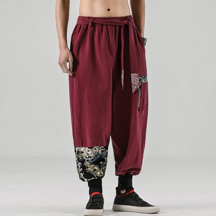 Buddha Stones Ocean Waves Lace-up Cotton Men's Harem Pants With Pockets - image 16