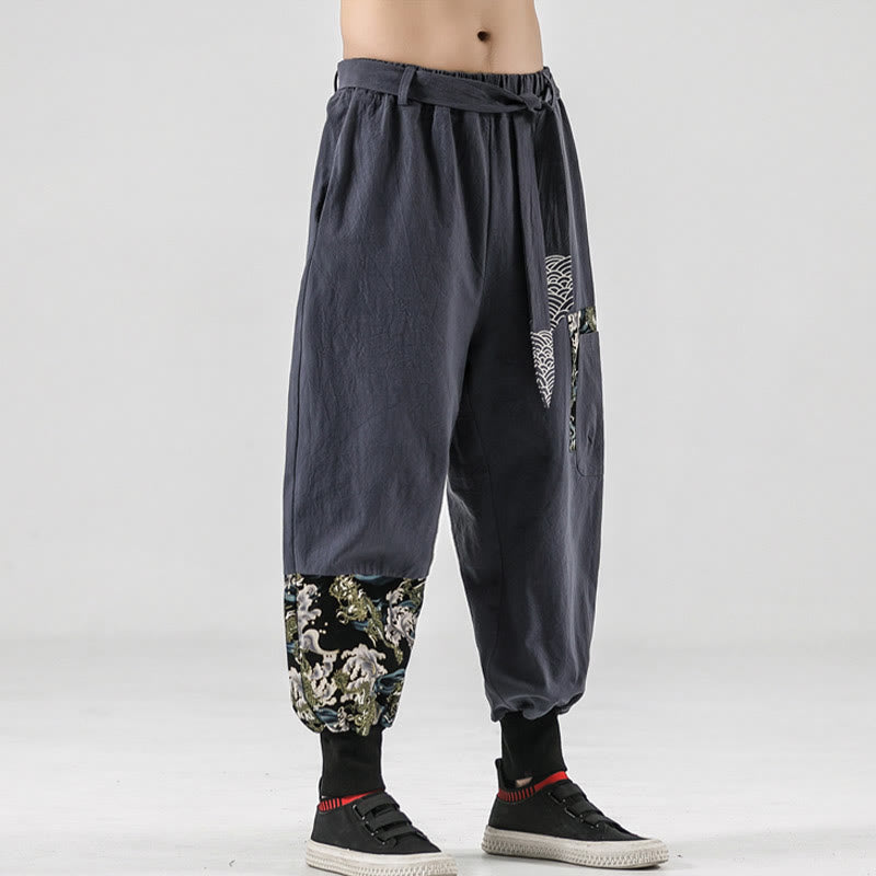 Buddha Stones Ocean Waves Lace-up Cotton Men's Harem Pants With Pockets