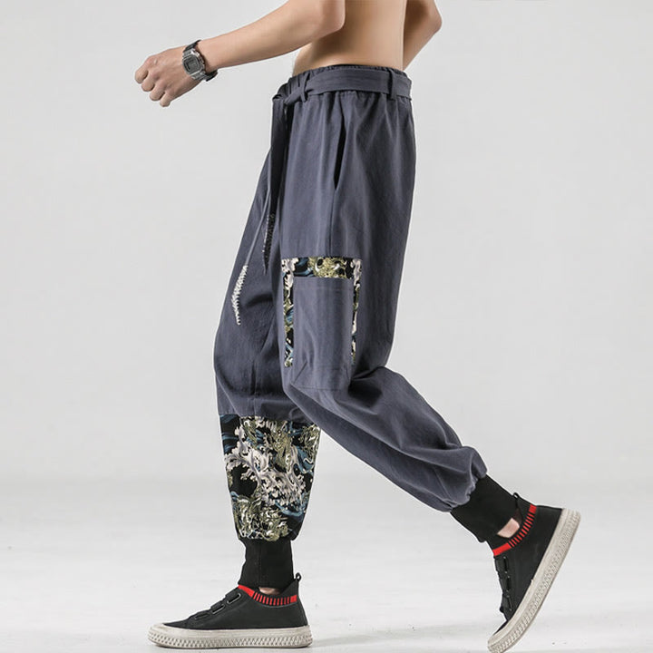 Buddha Stones Ocean Waves Lace-up Cotton Men's Harem Pants With Pockets - image 27