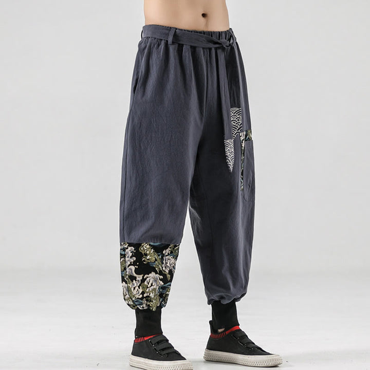 Buddha Stones Ocean Waves Lace-up Cotton Men's Harem Pants With Pockets - image 24