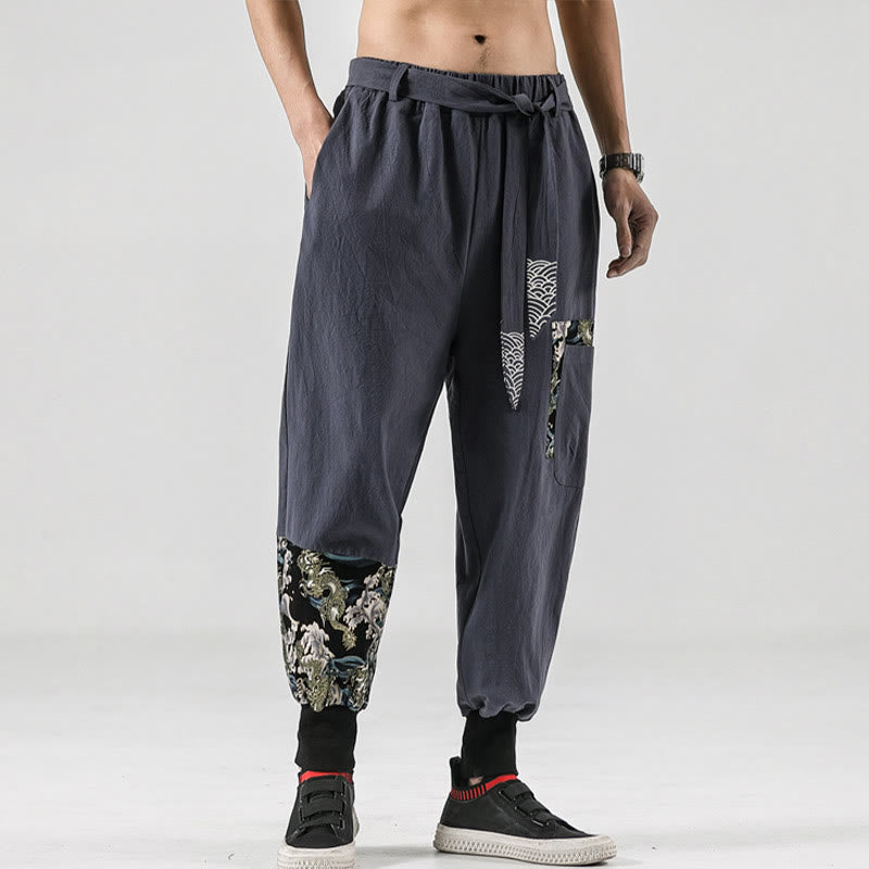 Buddha Stones Ocean Waves Lace-up Cotton Men's Harem Pants With Pockets - image 29