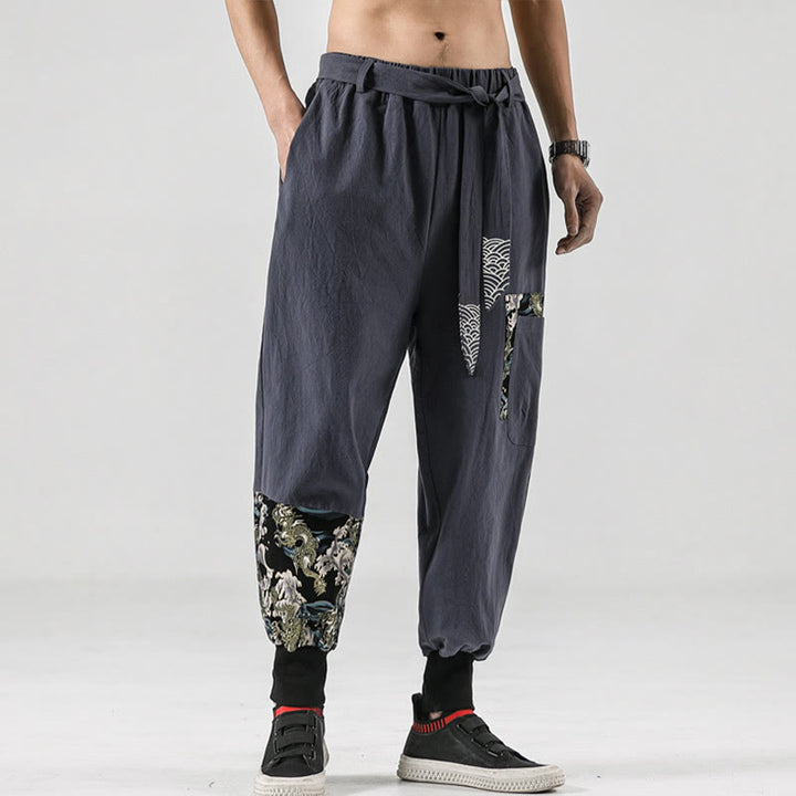 Buddha Stones Ocean Waves Lace-up Cotton Men's Harem Pants With Pockets - image 29