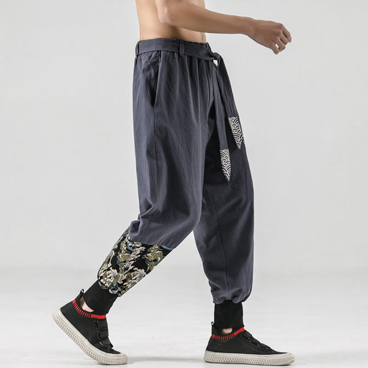 Buddha Stones Ocean Waves Lace-up Cotton Men's Harem Pants With Pockets - image 26
