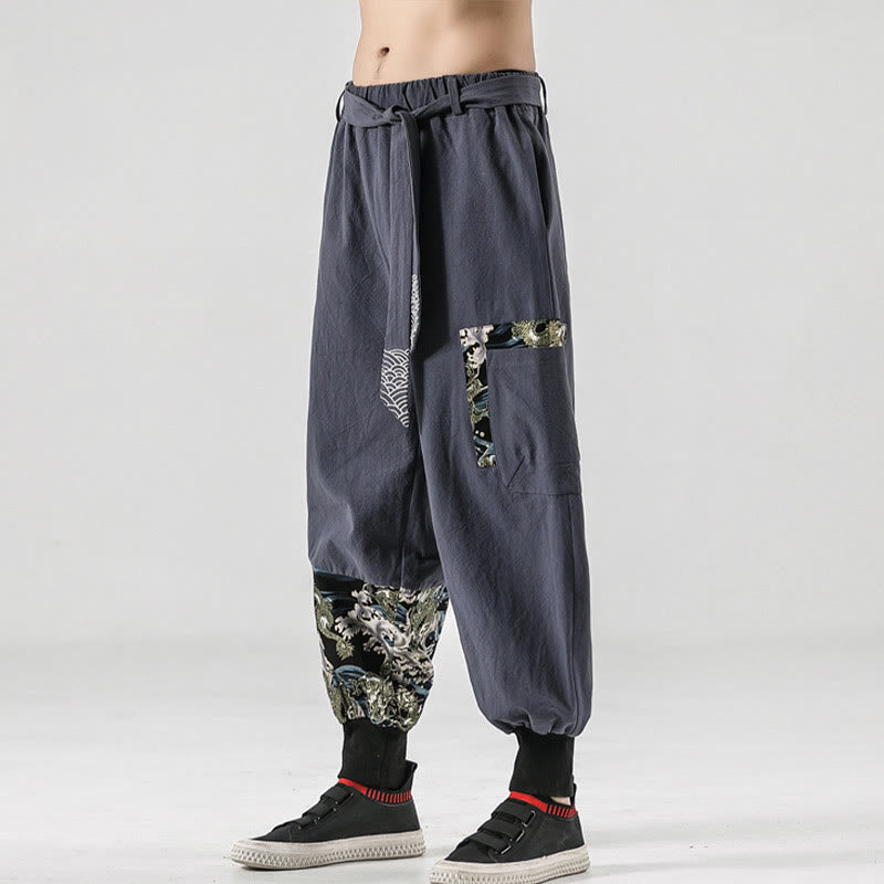 Buddha Stones Ocean Waves Lace-up Cotton Men's Harem Pants With Pockets - image 28