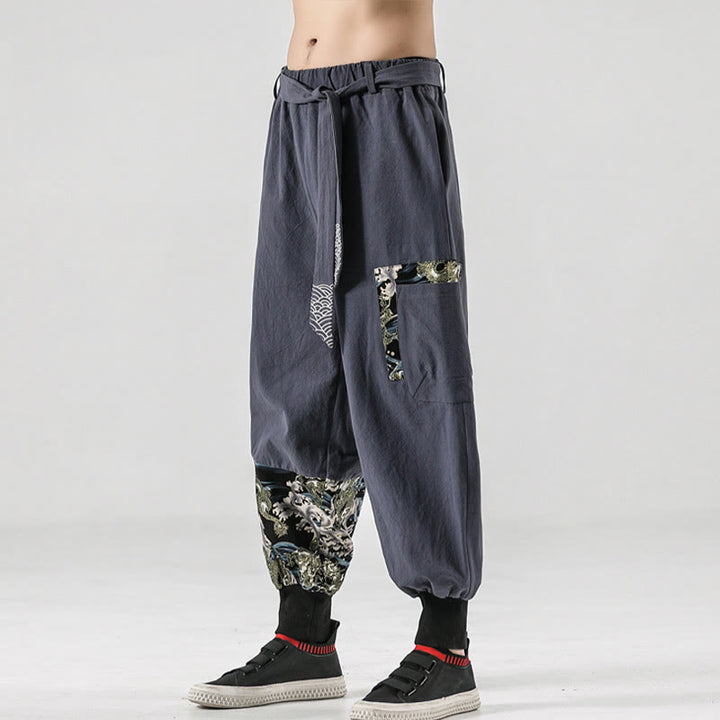 Buddha Stones Ocean Waves Lace-up Cotton Men's Harem Pants With Pockets - image 28