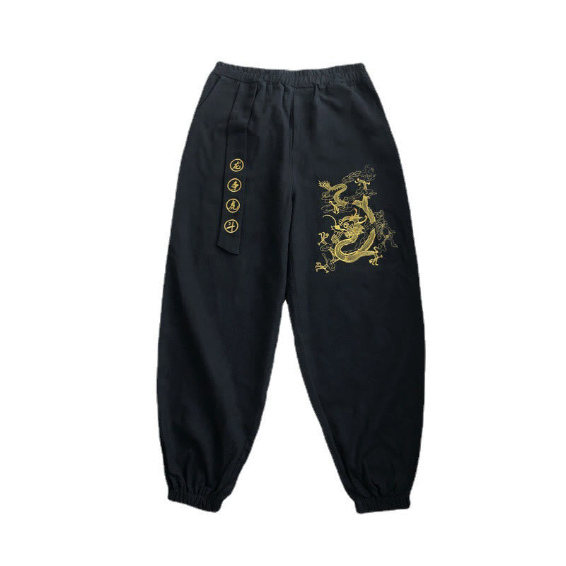 Buddha Stones Auspicious Clouds Dragon Cotton Men's Pants With Pockets