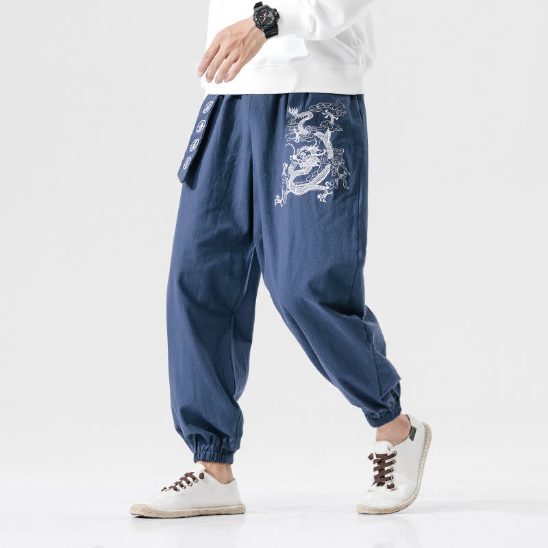 Buddha Stones Auspicious Clouds Dragon Cotton Men's Pants With Pockets