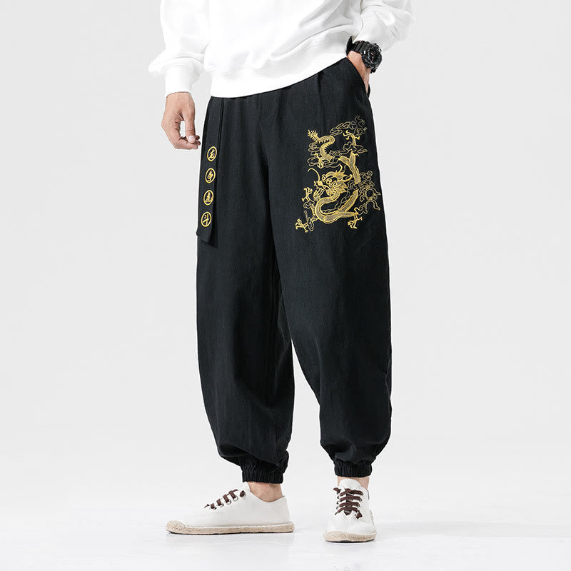 Buddha Stones Auspicious Clouds Dragon Cotton Men's Pants With Pockets - Black - US/UK/AU46，EU56 (5XL) - image 1