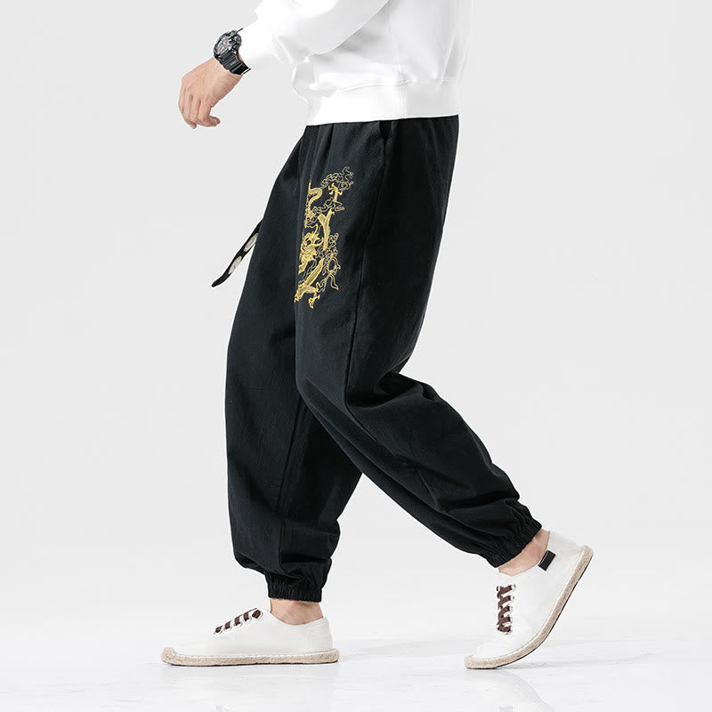 Buddha Stones Auspicious Clouds Dragon Cotton Men's Pants With Pockets