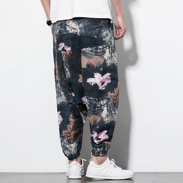 Buddha Stones Pink Lotus Ink Painting Print Cotton Men's Long Cropped Harem Pants With Pockets