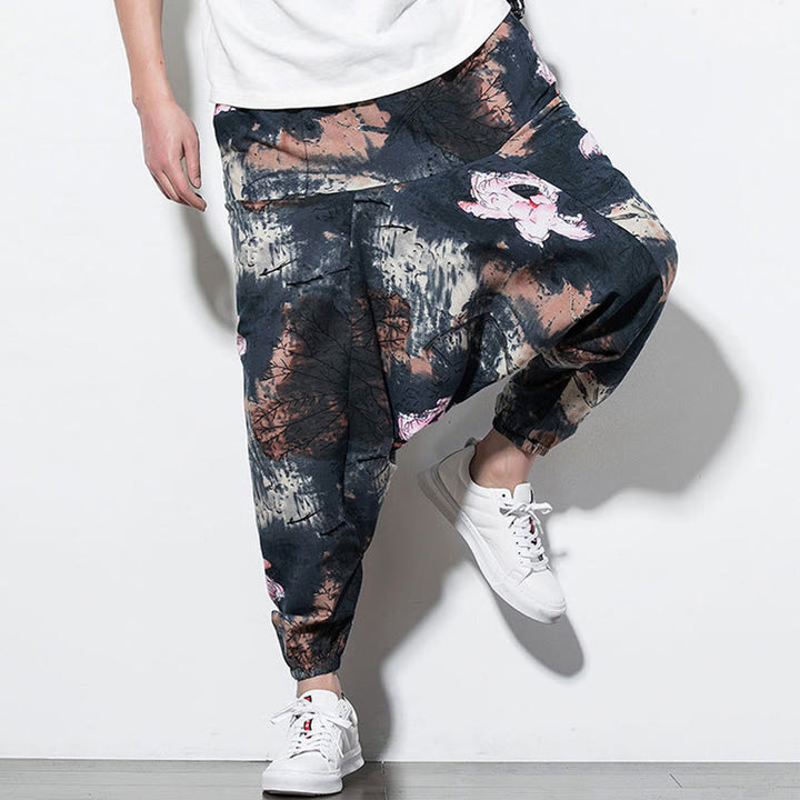 Buddha Stones Pink Lotus Ink Painting Print Cotton Men's Long Cropped Harem Pants With Pockets