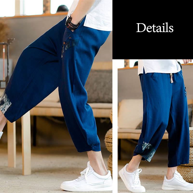 Buddha Stones Patchwork Design Drawstring Cotton Men's Cropped Pants With Pockets - image 14