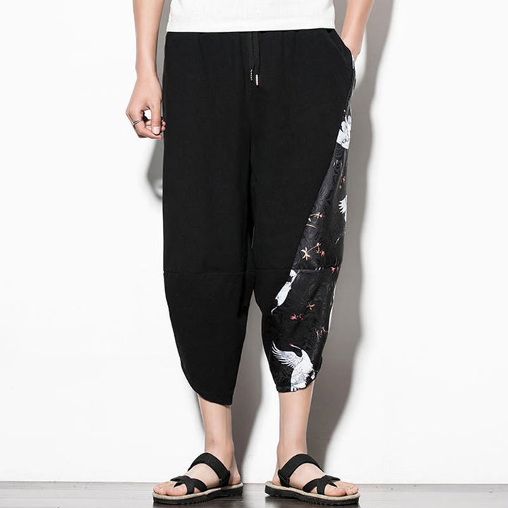 Buddha Stones White Crane Print Cotton Men's Cropped Harem Pants With Pockets - image 3