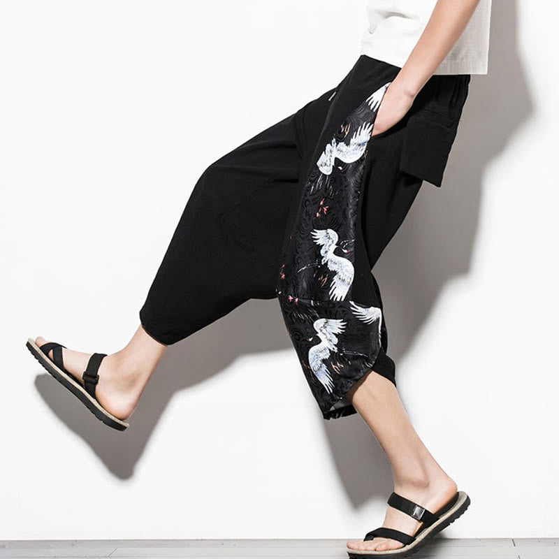 Buddha Stones White Crane Print Cotton Men's Cropped Harem Pants With Pockets - image 9