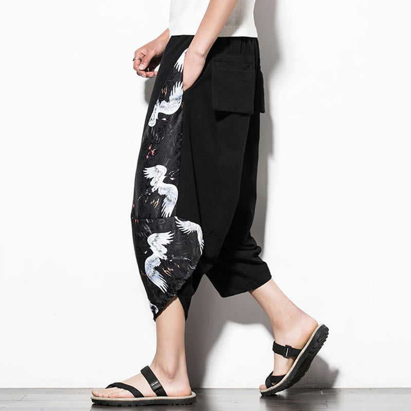 Buddha Stones White Crane Print Cotton Men's Cropped Harem Pants With Pockets - image 8