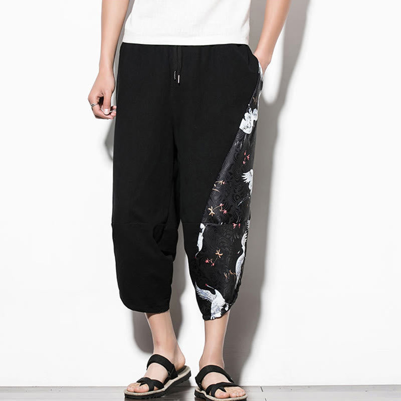 Buddha Stones White Crane Print Cotton Men's Cropped Harem Pants With Pockets - image 7