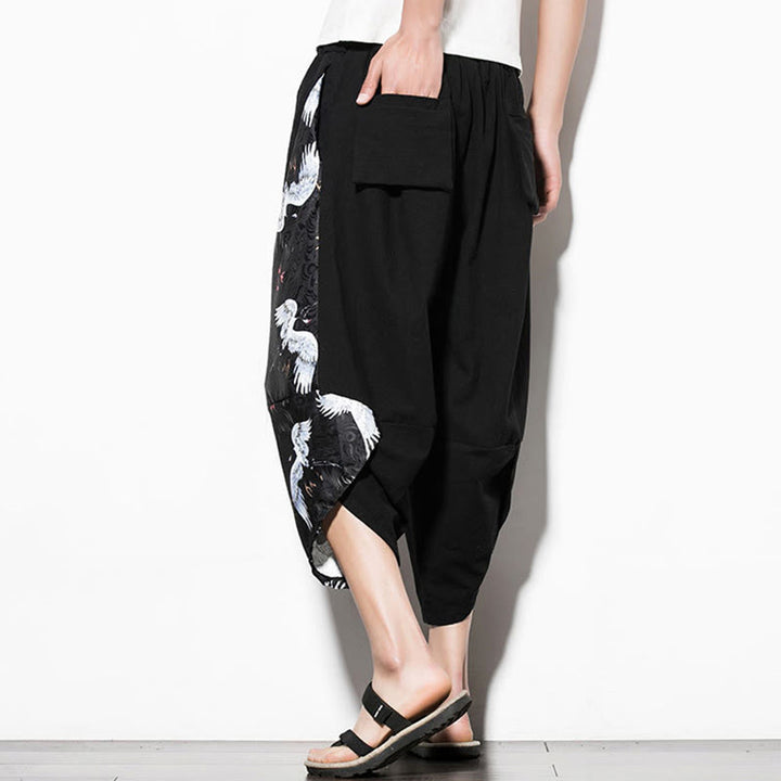 Buddha Stones White Crane Print Cotton Men's Cropped Harem Pants With Pockets - image 6