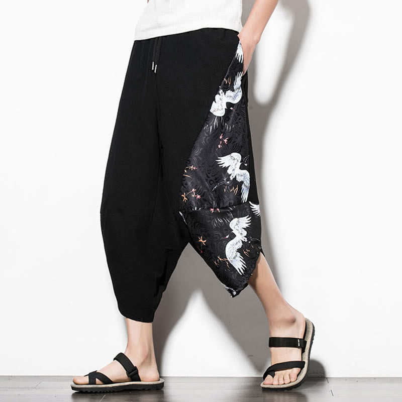 Buddha Stones White Crane Print Cotton Men's Cropped Harem Pants With Pockets - image 1