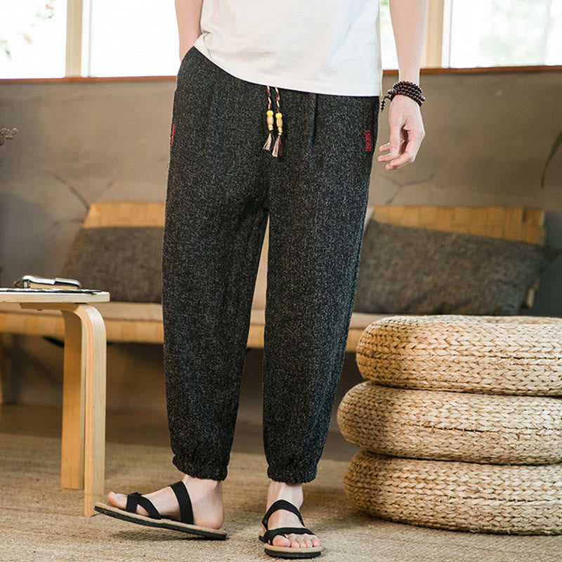 Buddha Stones Plain Drawstring Cotton Men's Harem Pants With Pockets