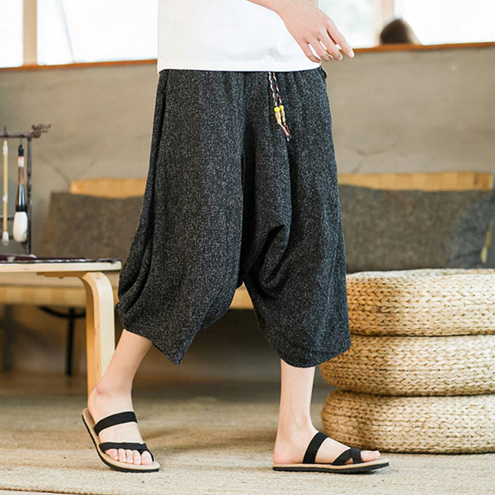 Buddha Stones Plain Design Drawstring Men's Cropped Pants With Pockets