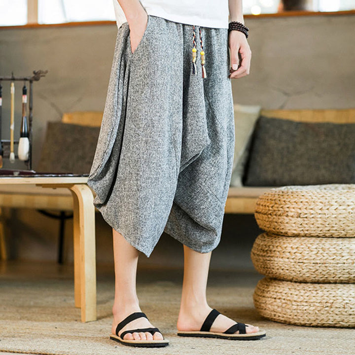 Buddha Stones Plain Design Drawstring Men's Cropped Pants With Pockets