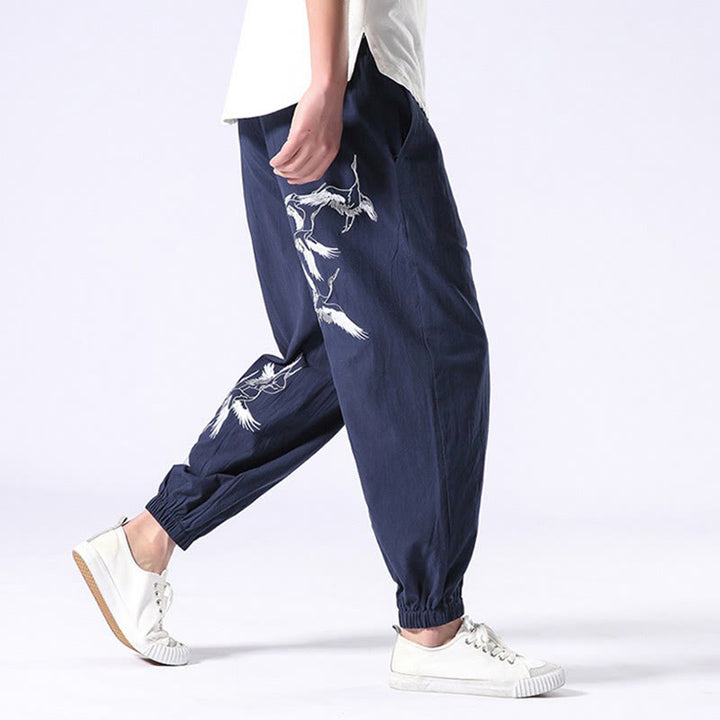 Buddha Stones White Crane Embroidery Design Drawstring Men's Harem Pants With Pockets - image 28